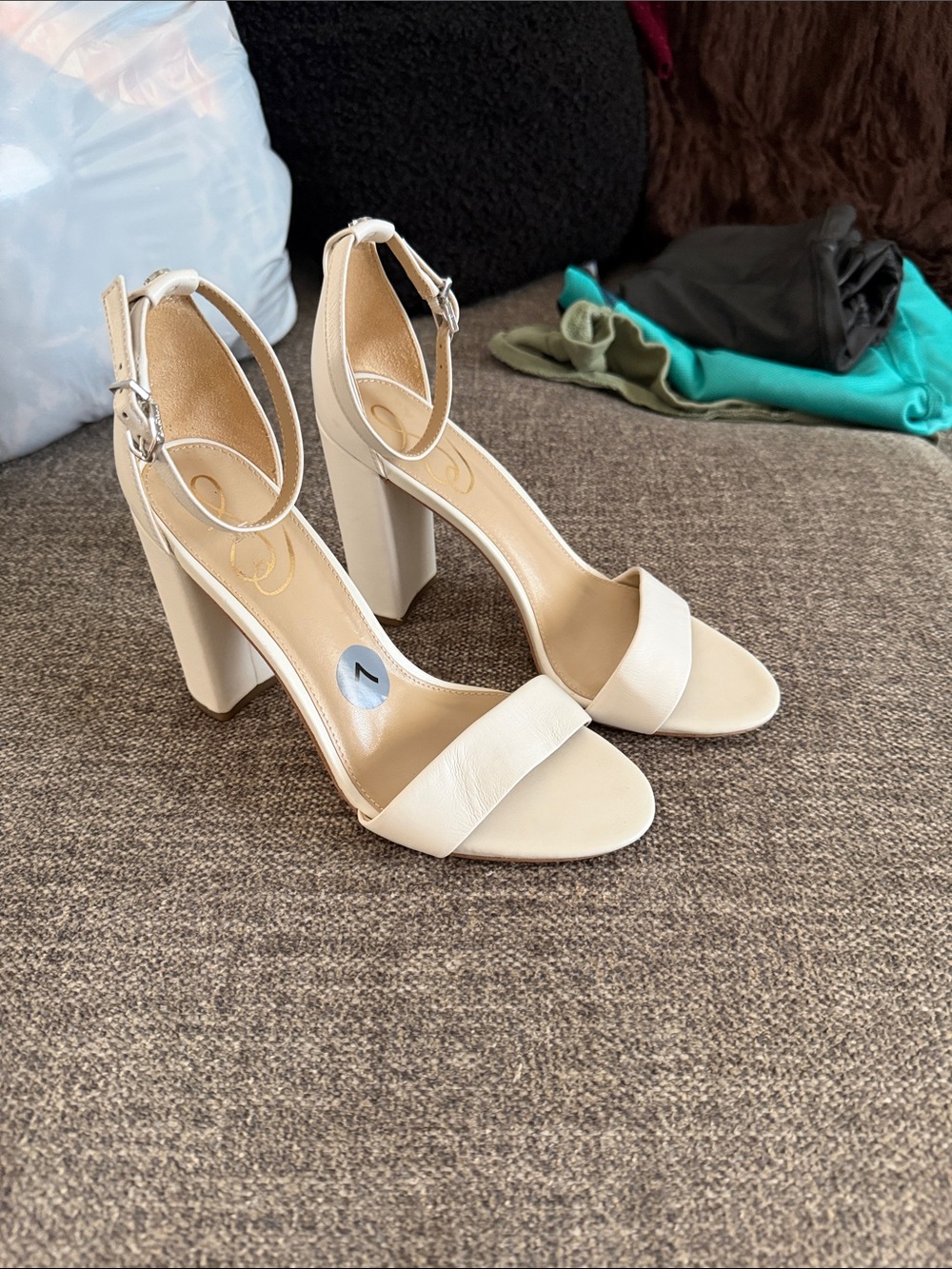 Sam Edelman Cream Ankle-Strap Block Heels